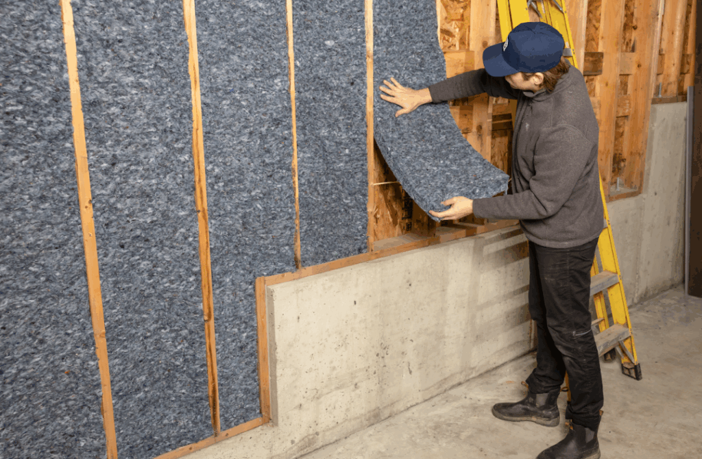 A worker installs Quiet Denim insulation to a new house. 