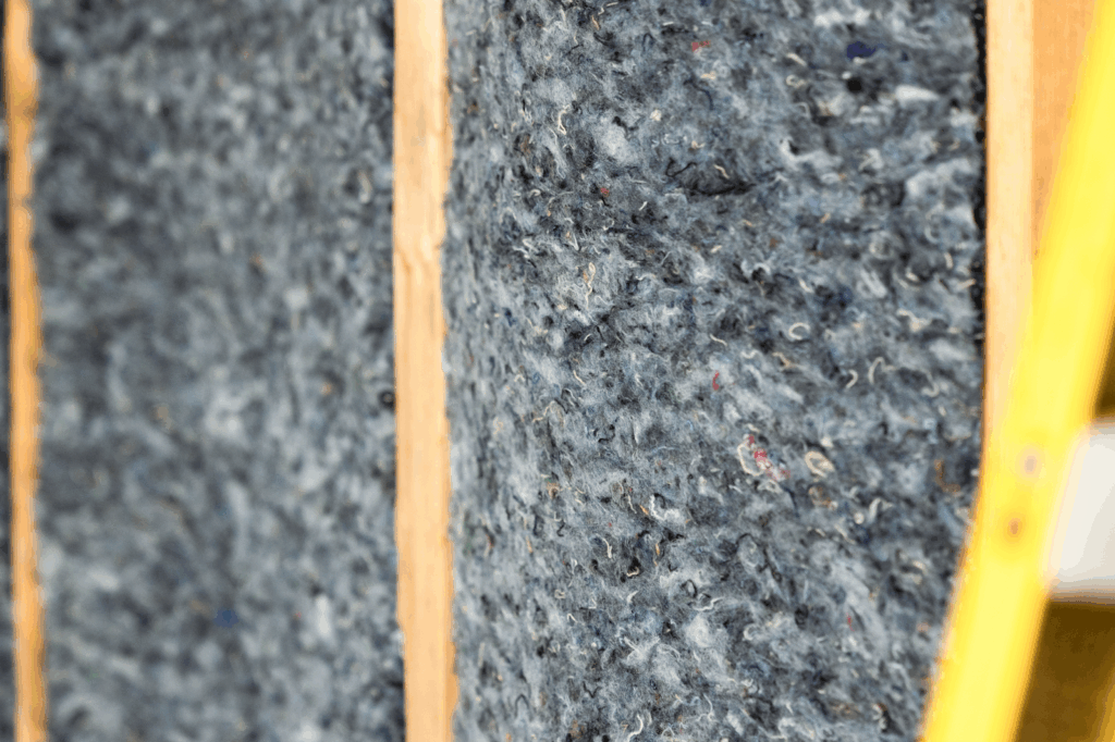 A close up image of denim insulation inside a new build construction.