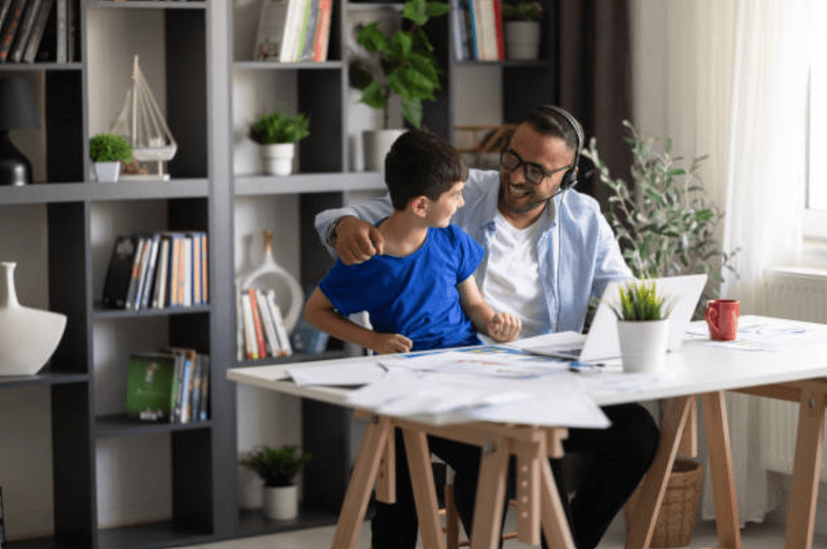 Father working in a home office with denim insulation.