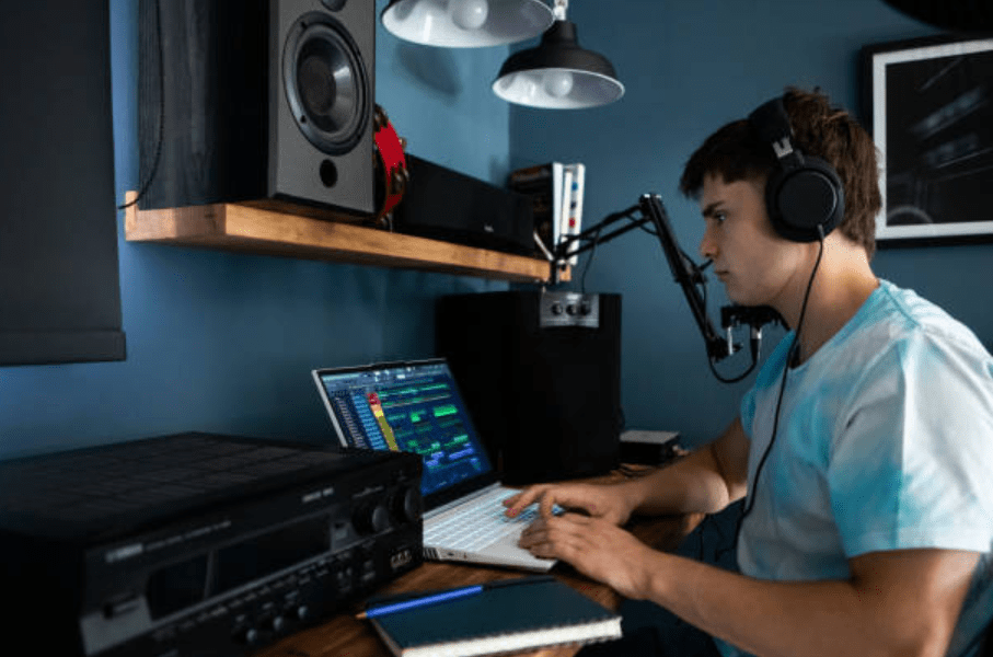 An image of a man working in his soundproof room.