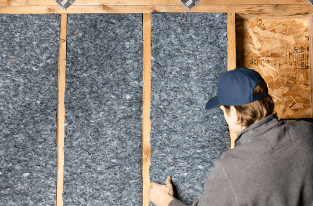 A man carefully installs denim insulation into the wall joints of his theater room. 