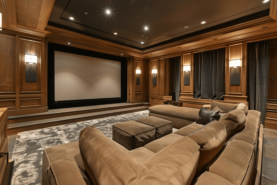 A finished home theater built for high-quality sound.