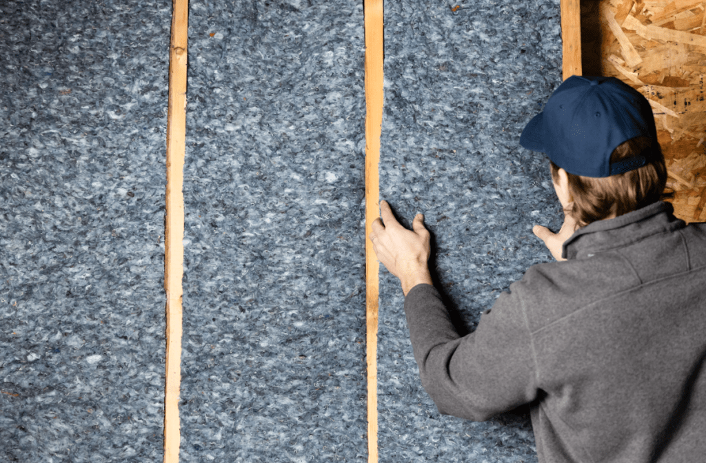 Worker fitting denim insulation into a framed wall cavity for improved soundproofing.