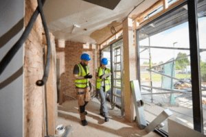 Contractors installing soundproofing for commercial spaces during an interior renovation project.