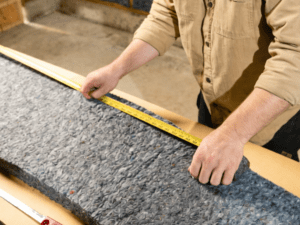Worker using insulation tools to measure and cut denim insulation during installation.