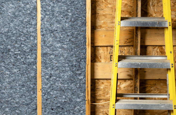 Denim insulation installed inside a wall cavity beside exposed wood framing and a yellow ladder.