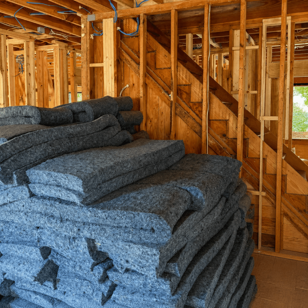 Denim insulation batts stacked inside a wood-framed home.