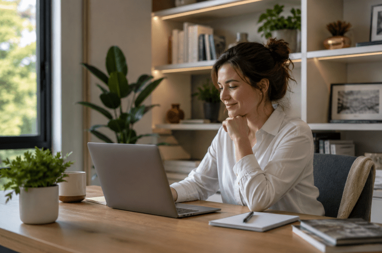 Professional working quietly from a home office enhanced by denim insulation for sound control. 