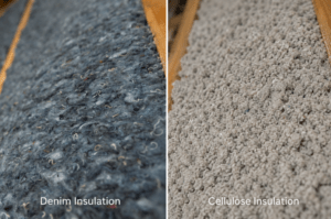 Comparison of denim insulation and cellulose insulation materials used in residential construction.